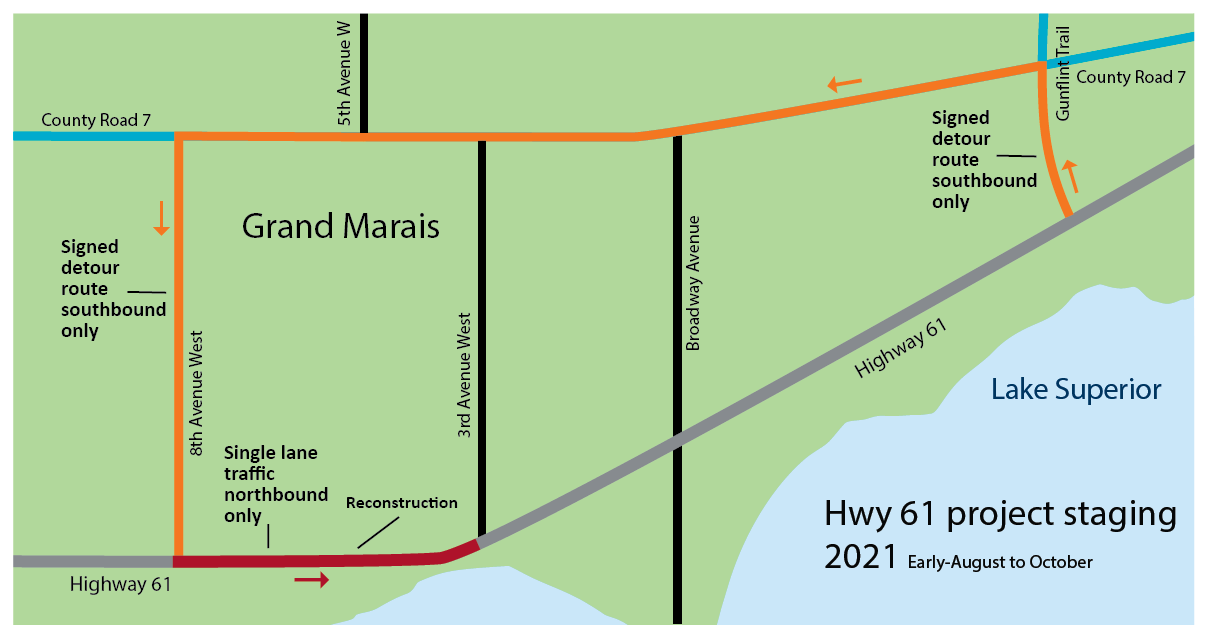 Map showing the project staging in 2020 from mid-May through October. Motorists may encounter a detour and single lane traffic.

