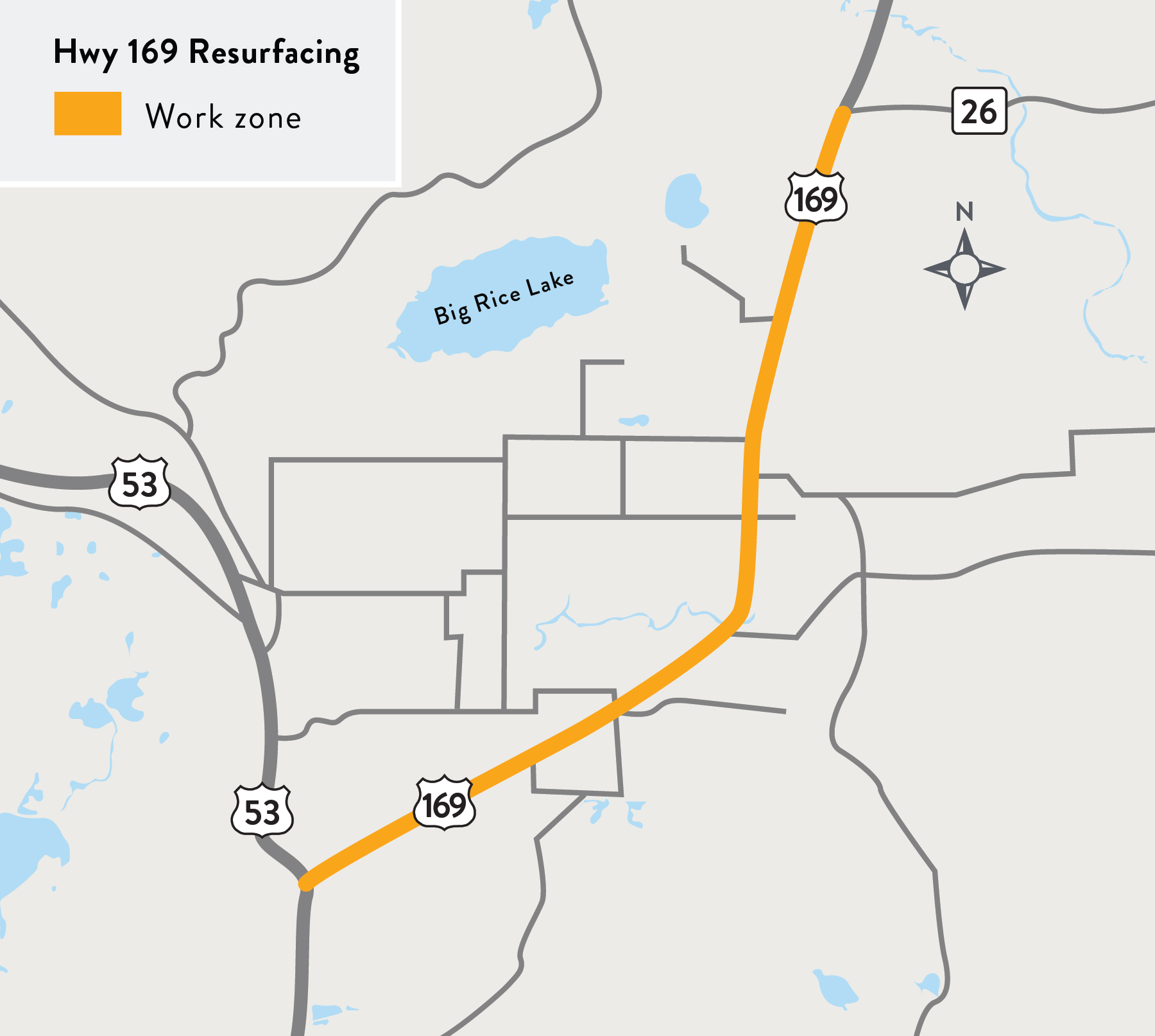 A map of the Hwy 169 resurfacing project area on Hwy 169 between Hwy 53 and Hwy 26