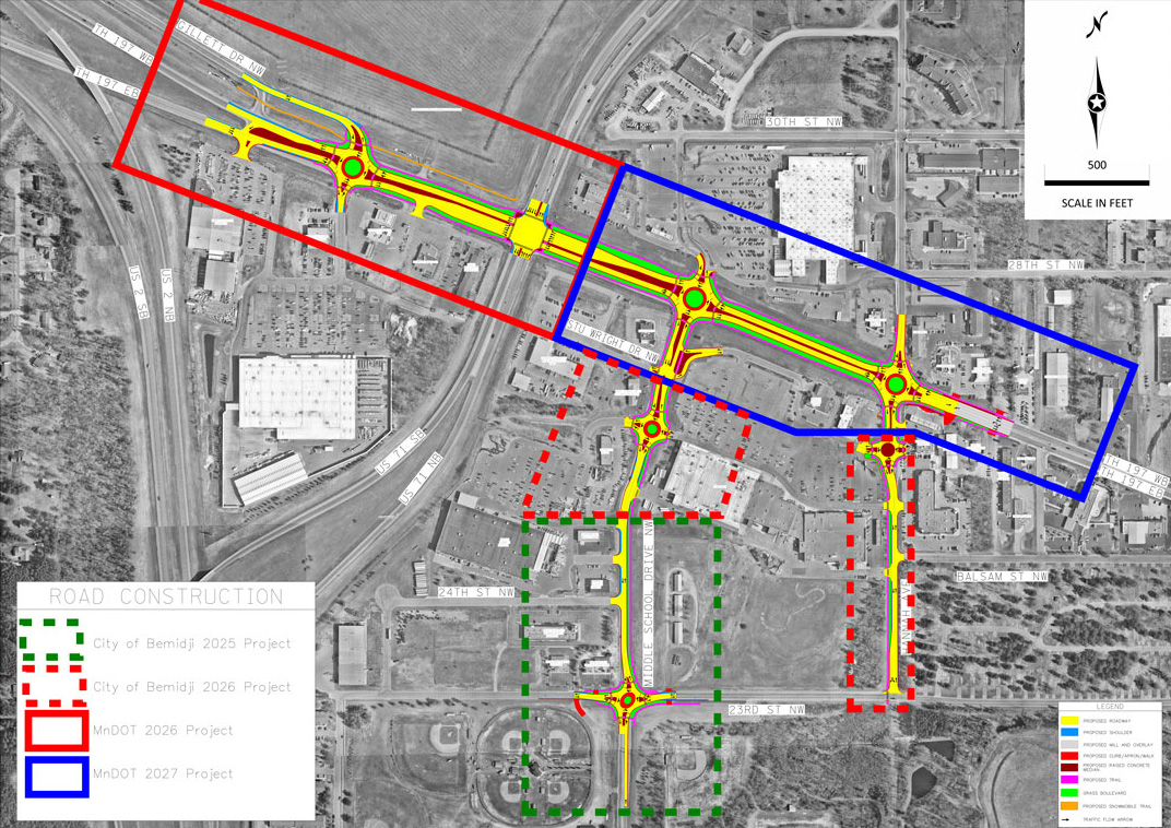 Combined projects layout picture of combined projects by the City of Bemidji and Minnesota Department of Transportation that will construct six roundabouts to the west of town by Target, Walmart and Menards