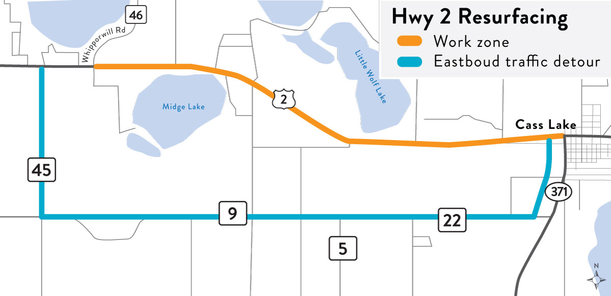 Hwy 2 Cass Lake  detour map