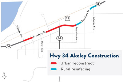Hwy 34 project map Highway 34 construction in Akeley between Hillside Avenue and Sherer Avenue is slated for construction in 2023