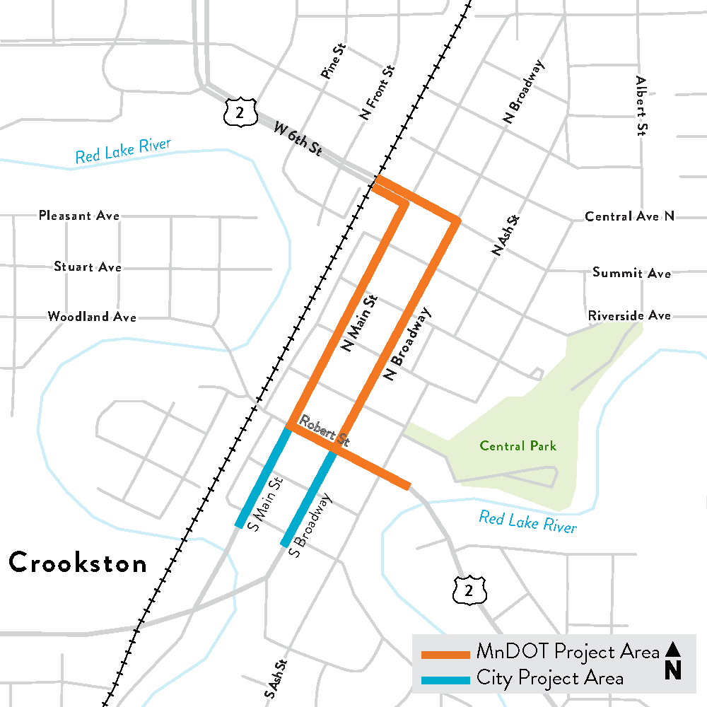 Combined projects layout Graphic showing the project limits of the 2027 construction project on the Highway 2 corridors in Crookston.
