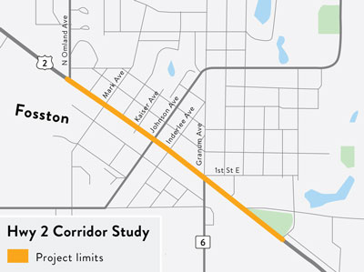 click to enlarge Highway 2 in Fosston map showing the project limits