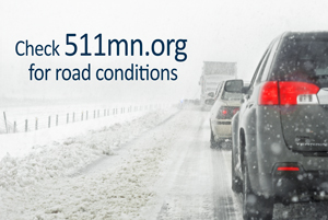 Check 511mn.org for road conditions Photo of traffic on I-94 with snow plow ahead, snowing, slow going, stay back image.