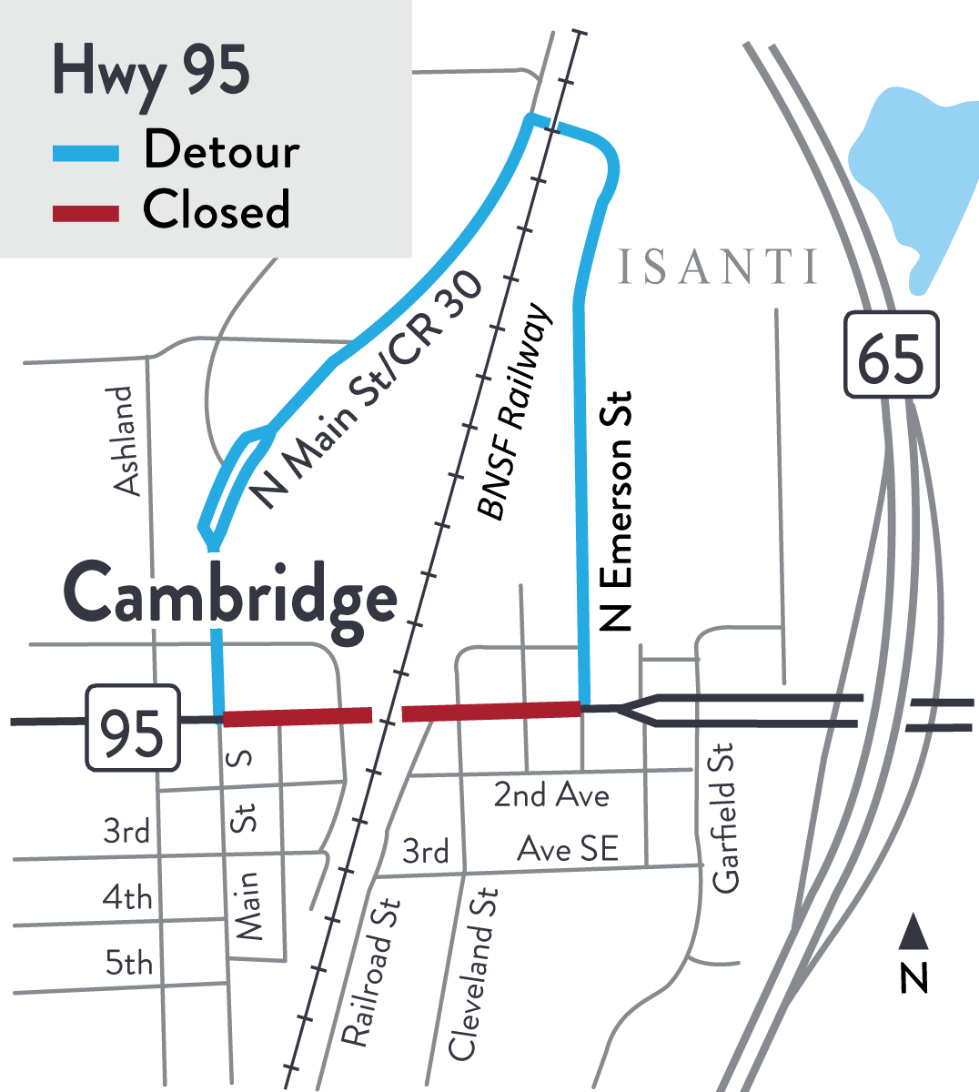 Map of Hwy 95 detour in Cambridge