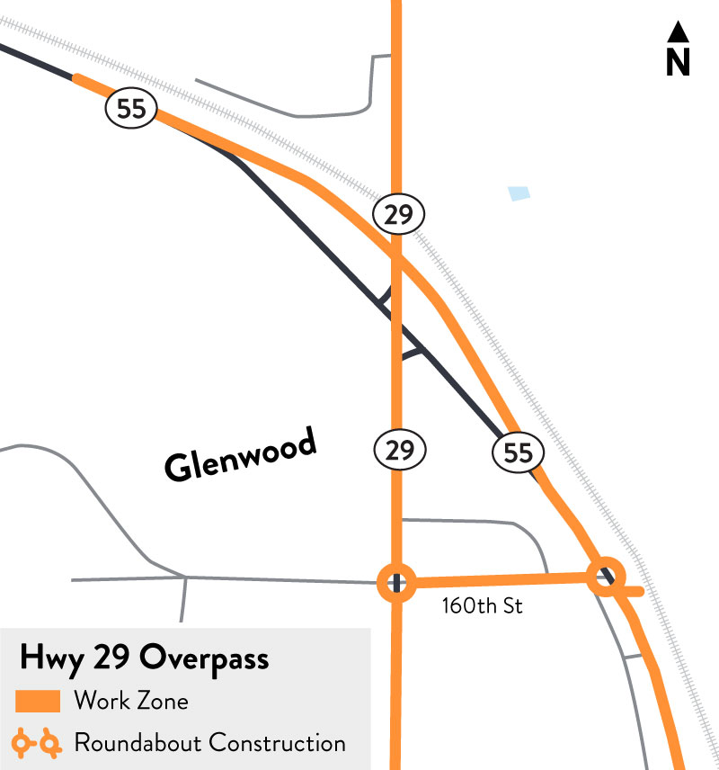 Map of Hwy 29 overpass work zone and detour routes to/from Glenwood and Starbuck