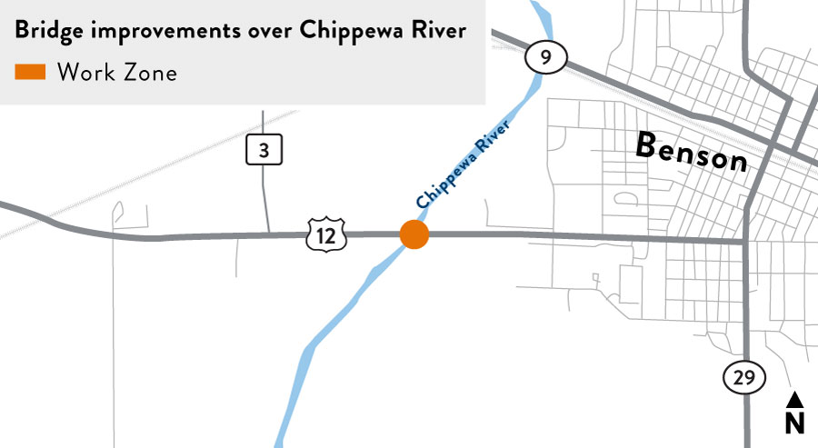 Map highlighting the bridge over the Chippewa River near Benson