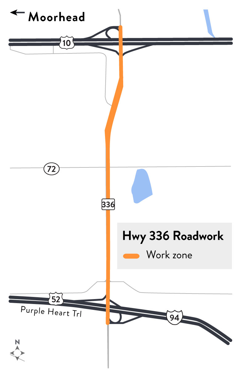 Hwy 55 project map Map shows Highway 55 from Barrett to Hoffman as closed. Traffic is being detoured to Highways 59 and 27.