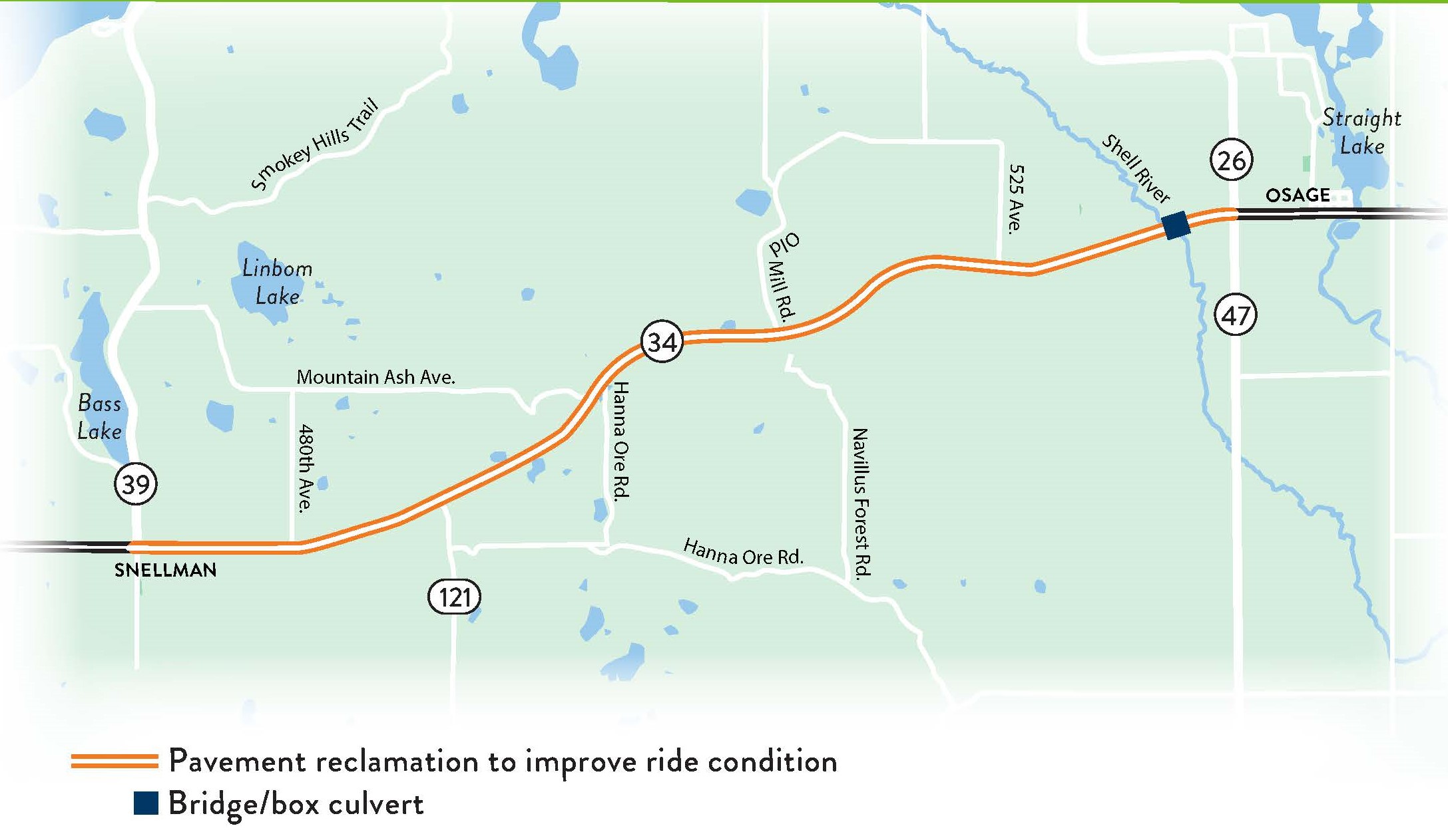 Map of Hwy 34 from Snellman to County 47 (West of Osage).