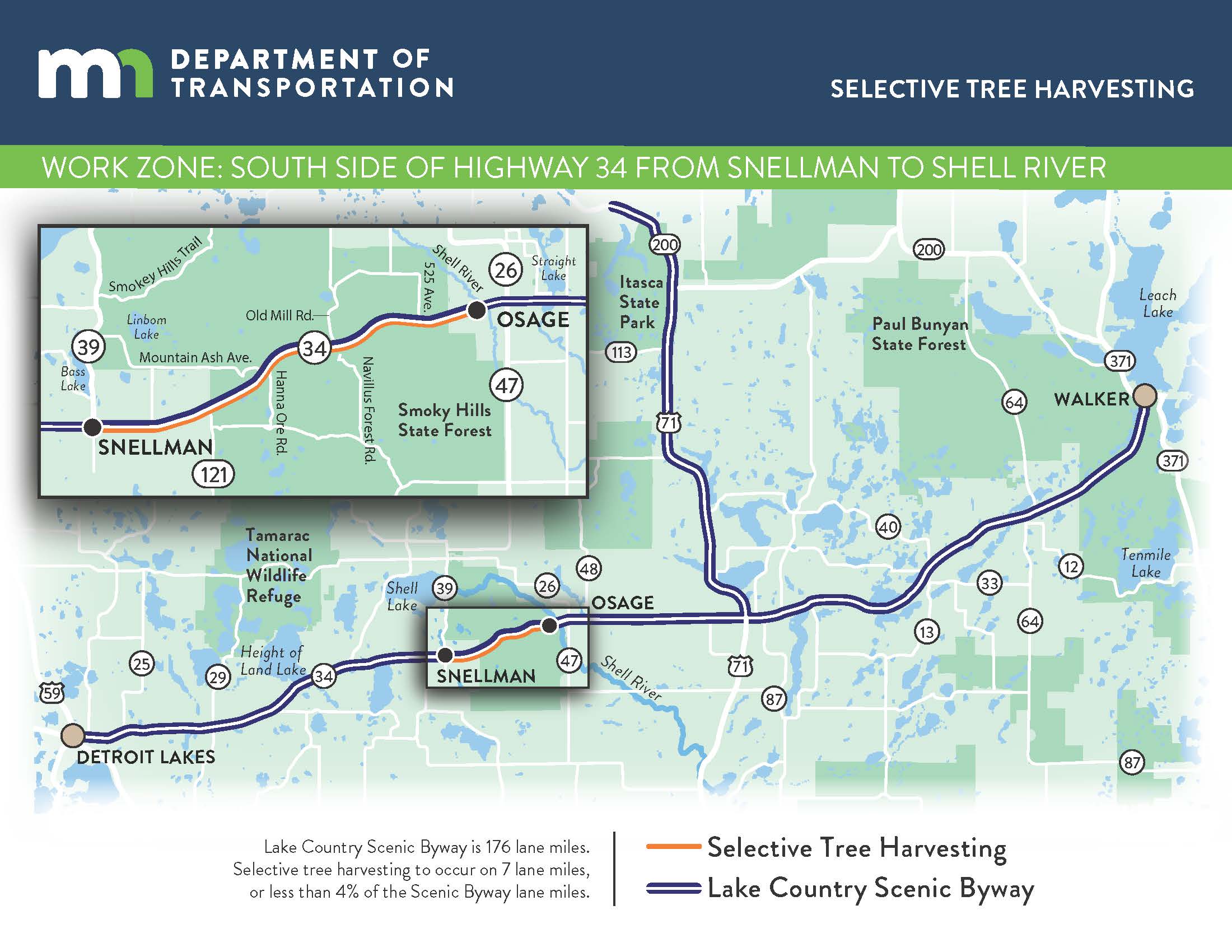 Highway 34 selective tree harvesting map from Snellman to the Shell River.