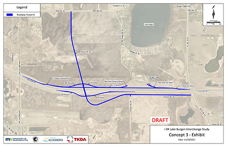 Interchange option three image. The interchange as a conventional diamond with a collector-distributor (C-D) road along WB I-94. The C-D road accommodates the rest area ramps, the north interchange ramps, and the weave area between the Rest Area Entrance Ramp and the NE Ramp. The C-D road requires the rest area ramps to be partially reconstructed. The interchange bridge passes over I-94 at a northwest skew.