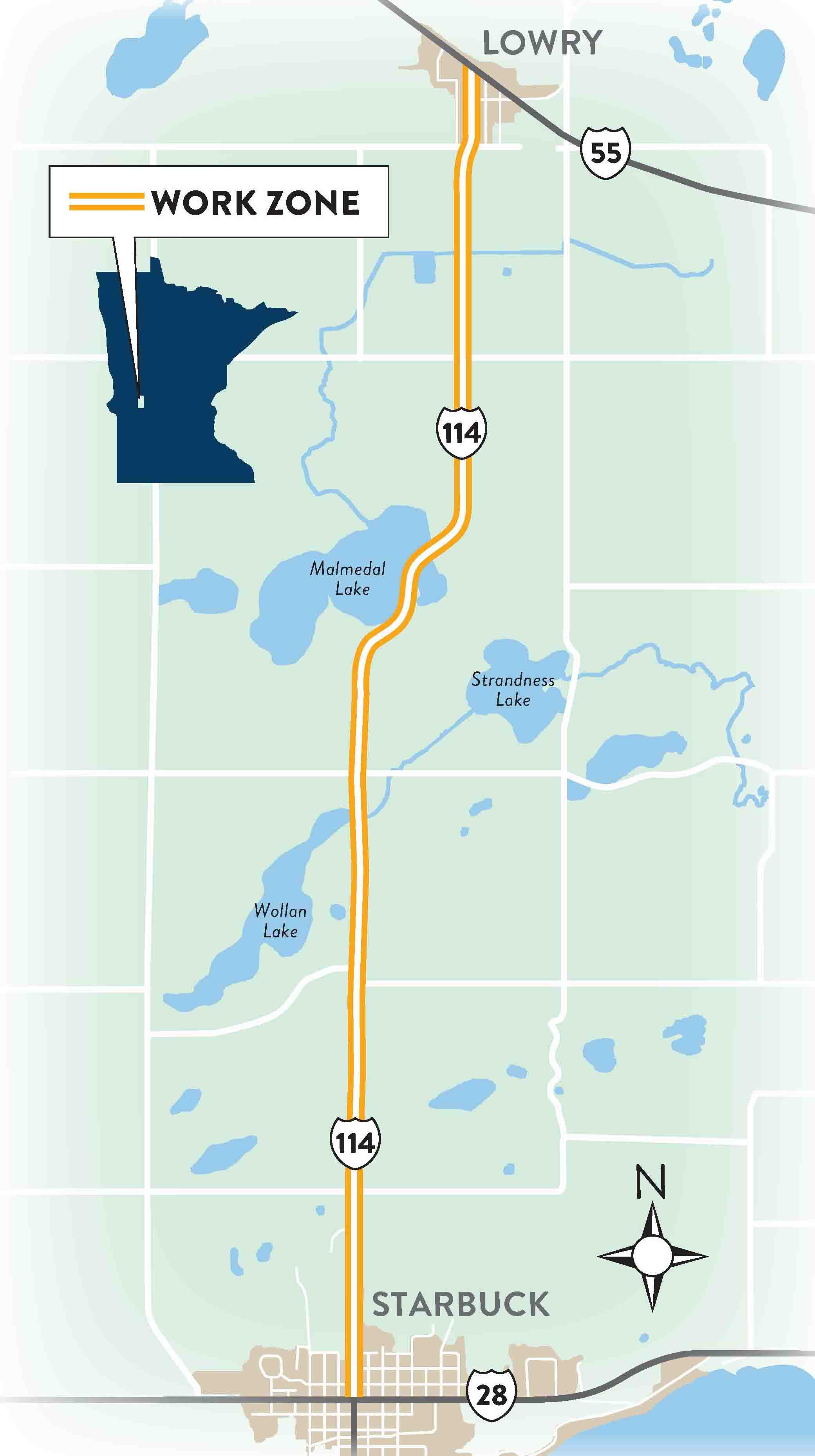 Map of Hwy 114 project from Lowry to Starbuck. 
