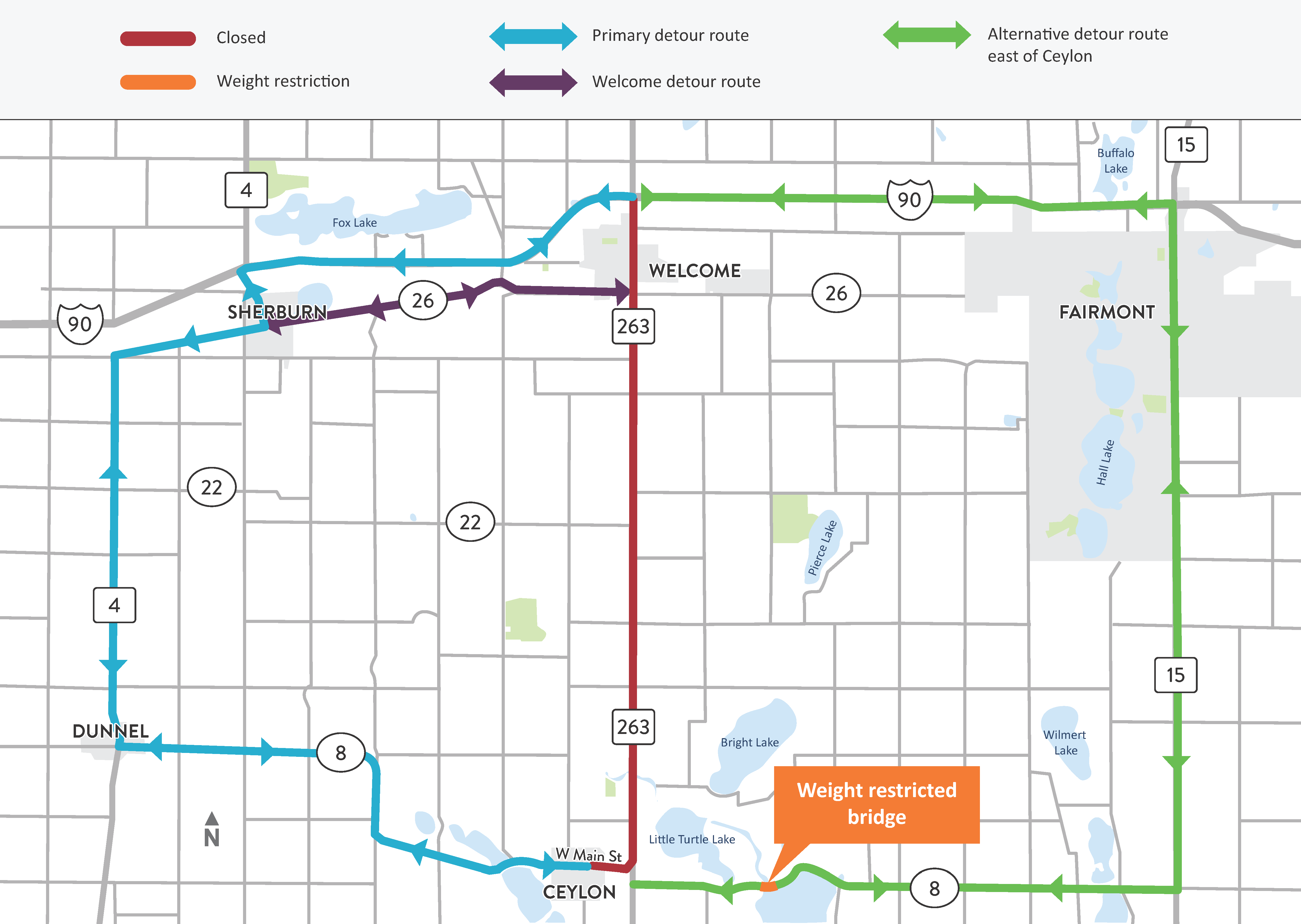 I-90 Fairmont to Blue Earth project area map