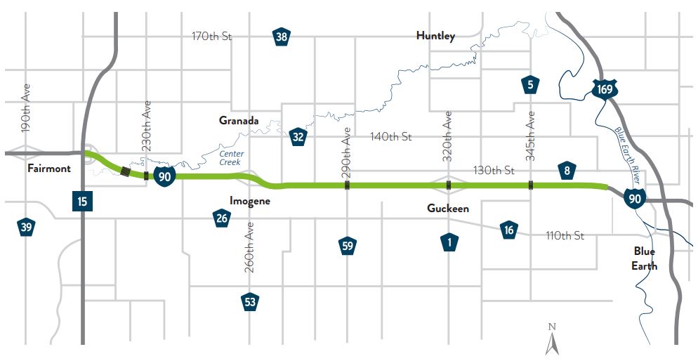 I-90 Fairmont to Blue Earth project area map