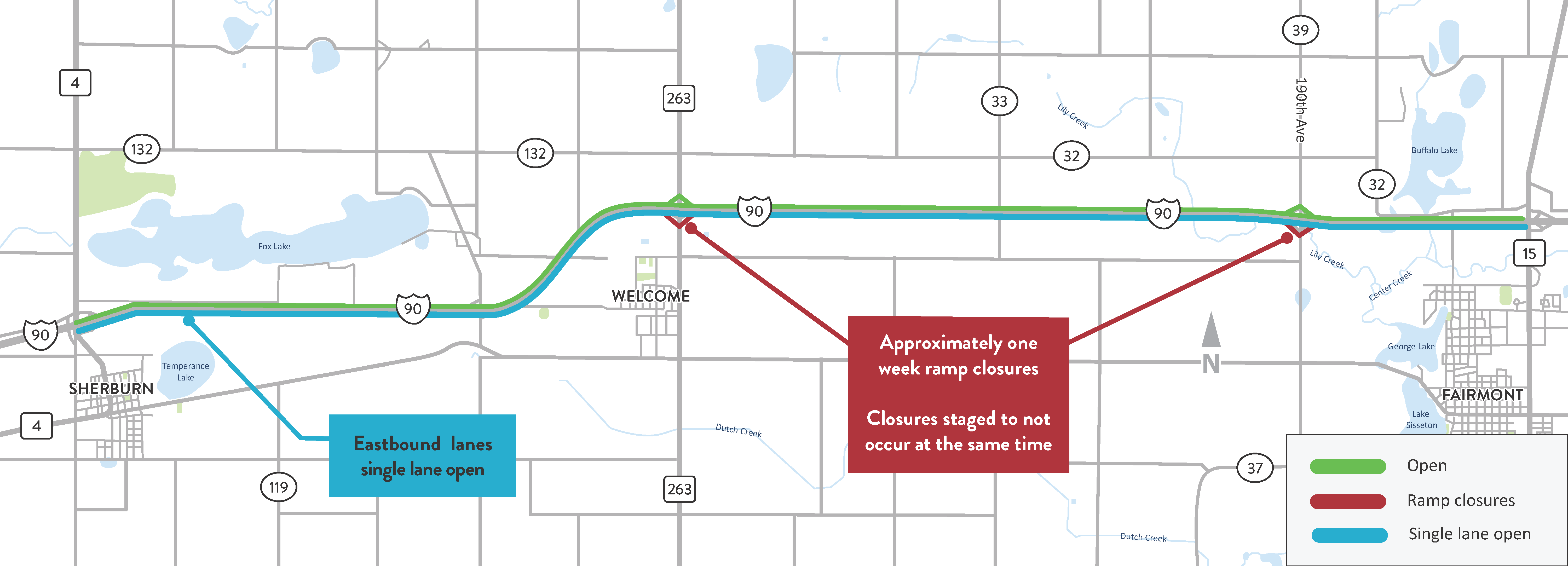 I-90 Fairmont to Blue Earth project area map