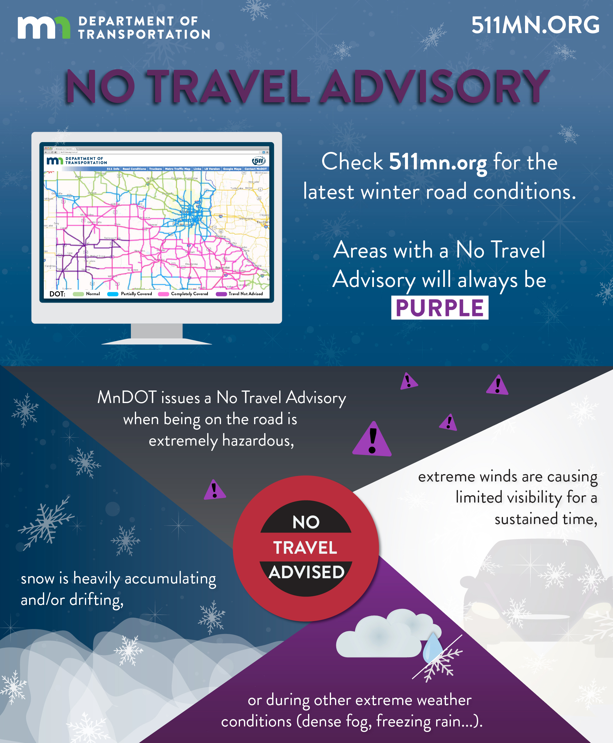 Check 511.mn.org for the latest winter road conditions. Areas with a No Travel Advisory will always be purple.