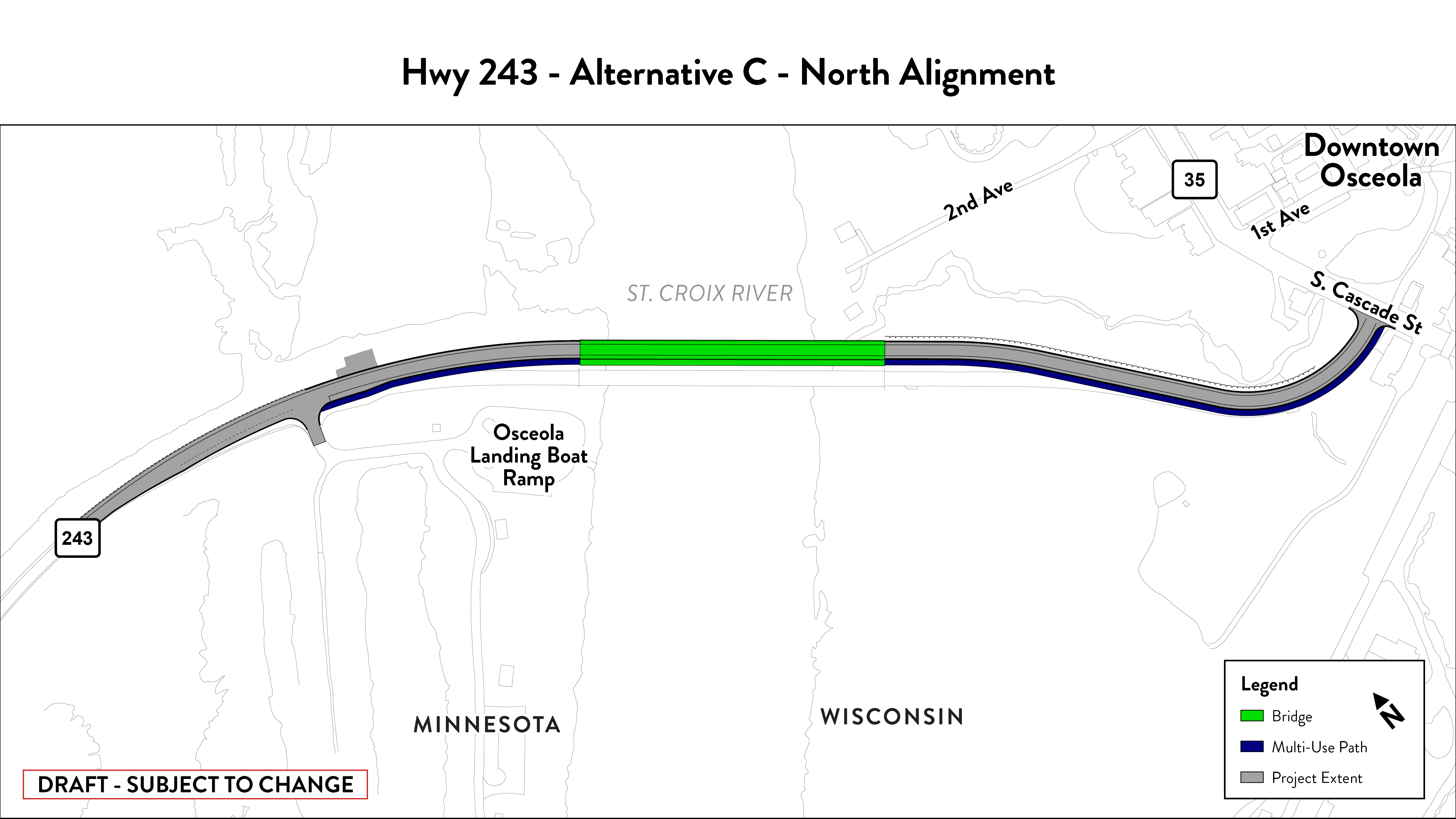 Shows alternative C, including construction limits, proposed and existing road, and path for people walking or biking.