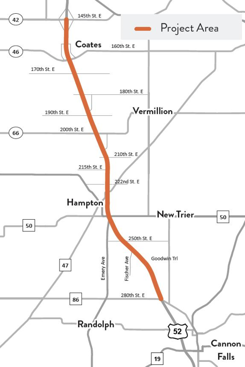 Highway 52 between Co. Rd. 42 in Rosemount and Co. Rd. 86 in Hampton project location map