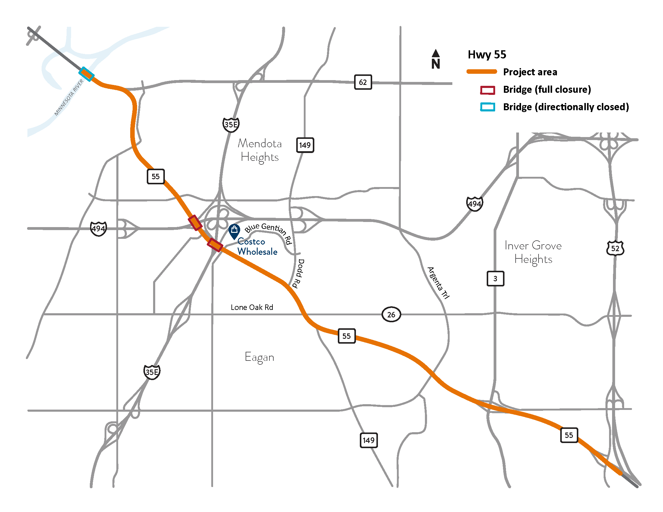 Highway 55 between Bloomington Road in Minneapolis and Hwy 52 in Inver Grove Heights project location map