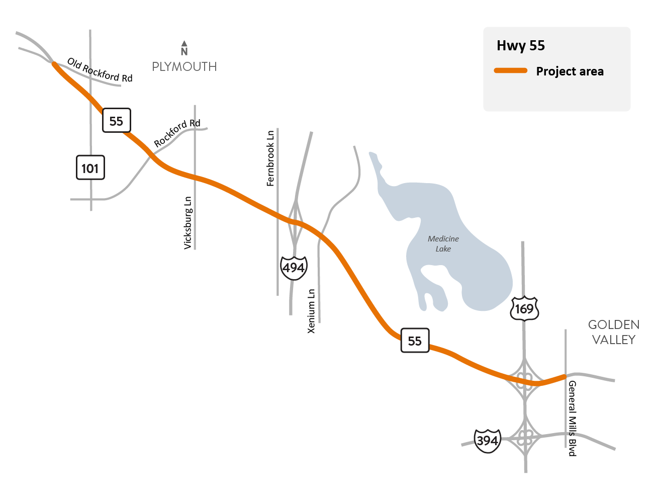Hwy 55 between Old Rockford Road in Plymouth and General Mills Boulevard in Golden Valley project location map