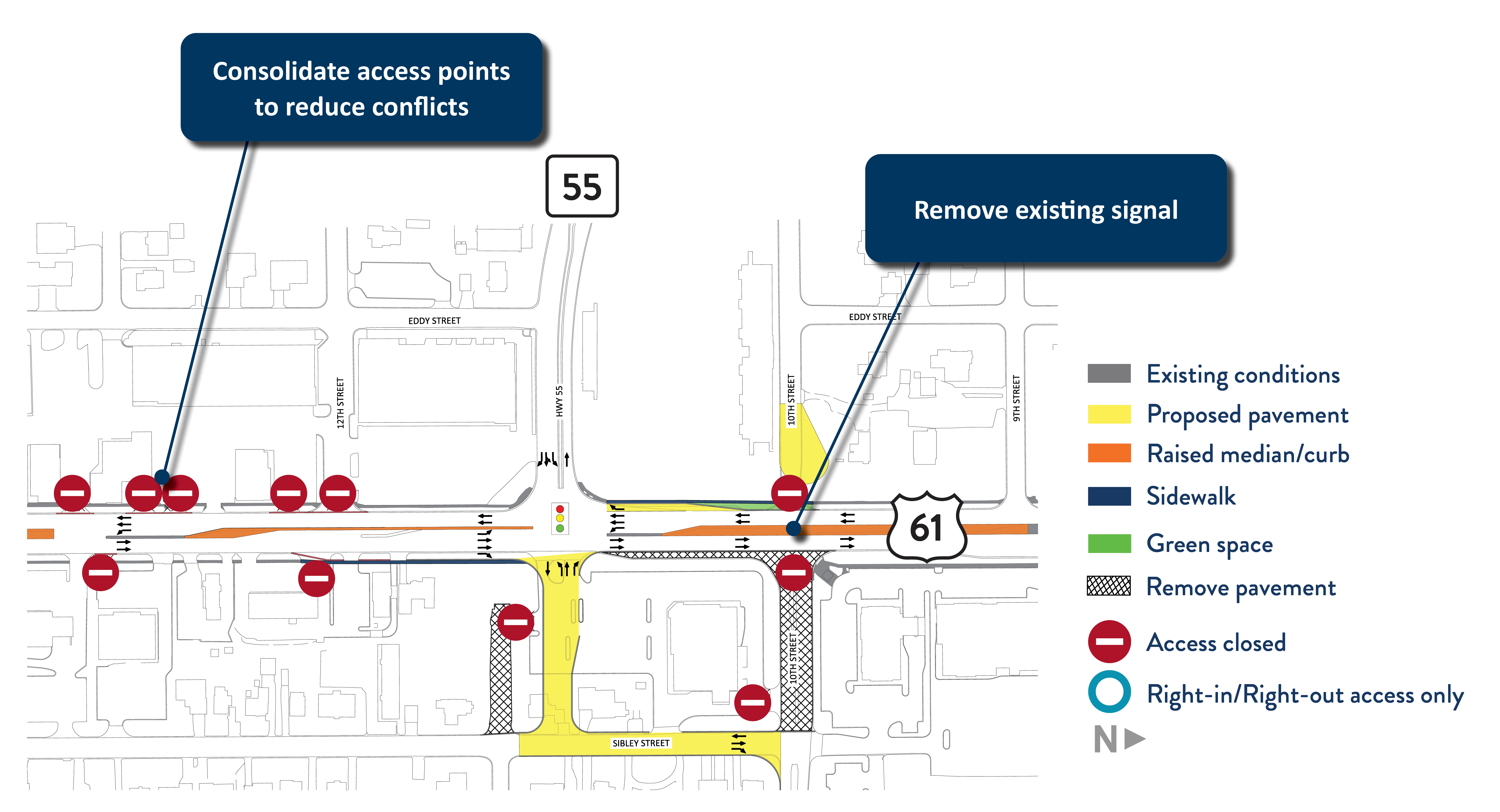 Concept drawing closes 10th Street on both sides of Hwy 61 and creates new connection from Hwy 55 to Sibley Street