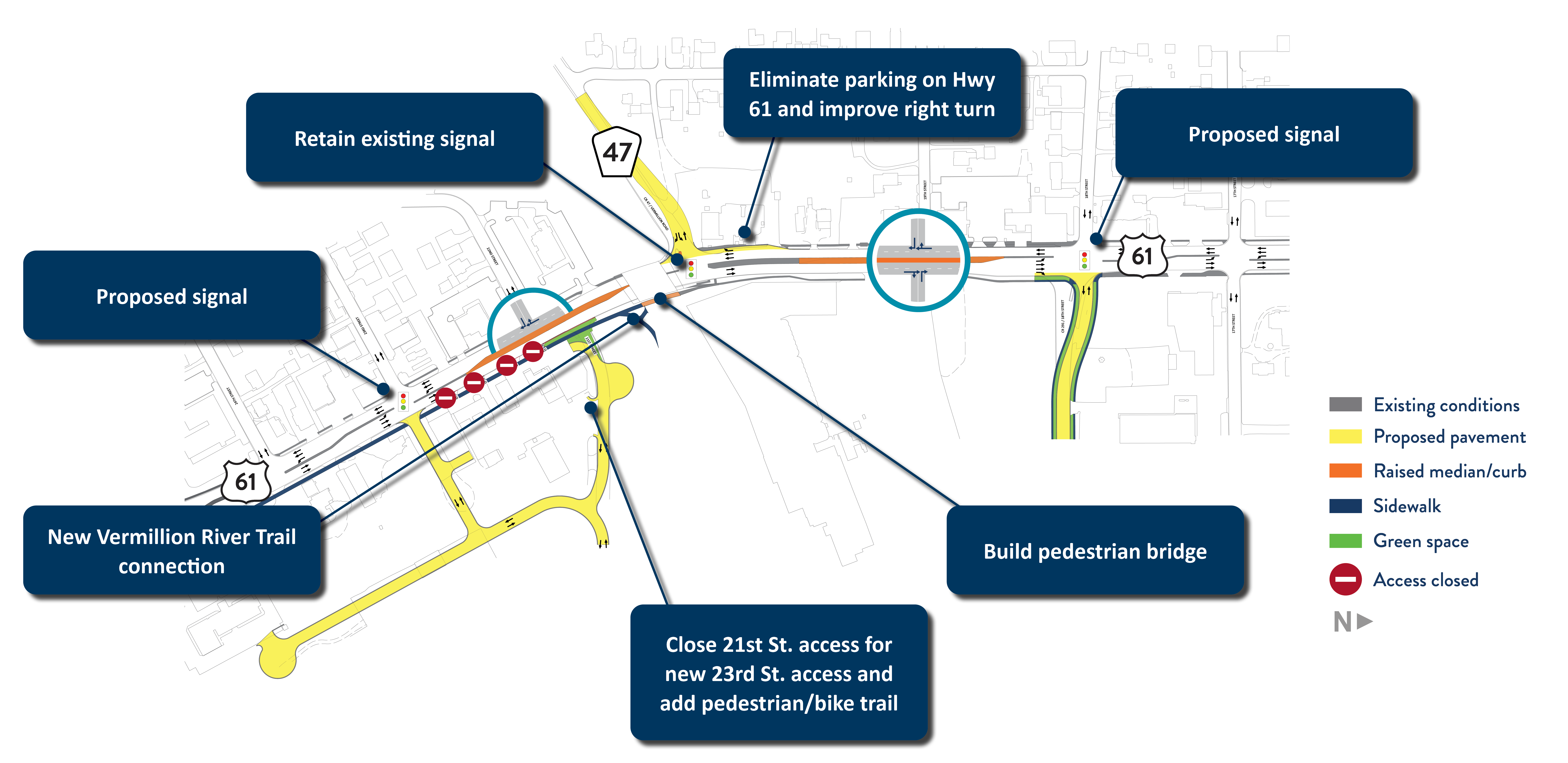 Concept drawing realigns 18th Street and adds signal. Additional improvements include pedestrian bridge over Vermillion River and connection to trail, and improved right-turn lane at County Road 47.