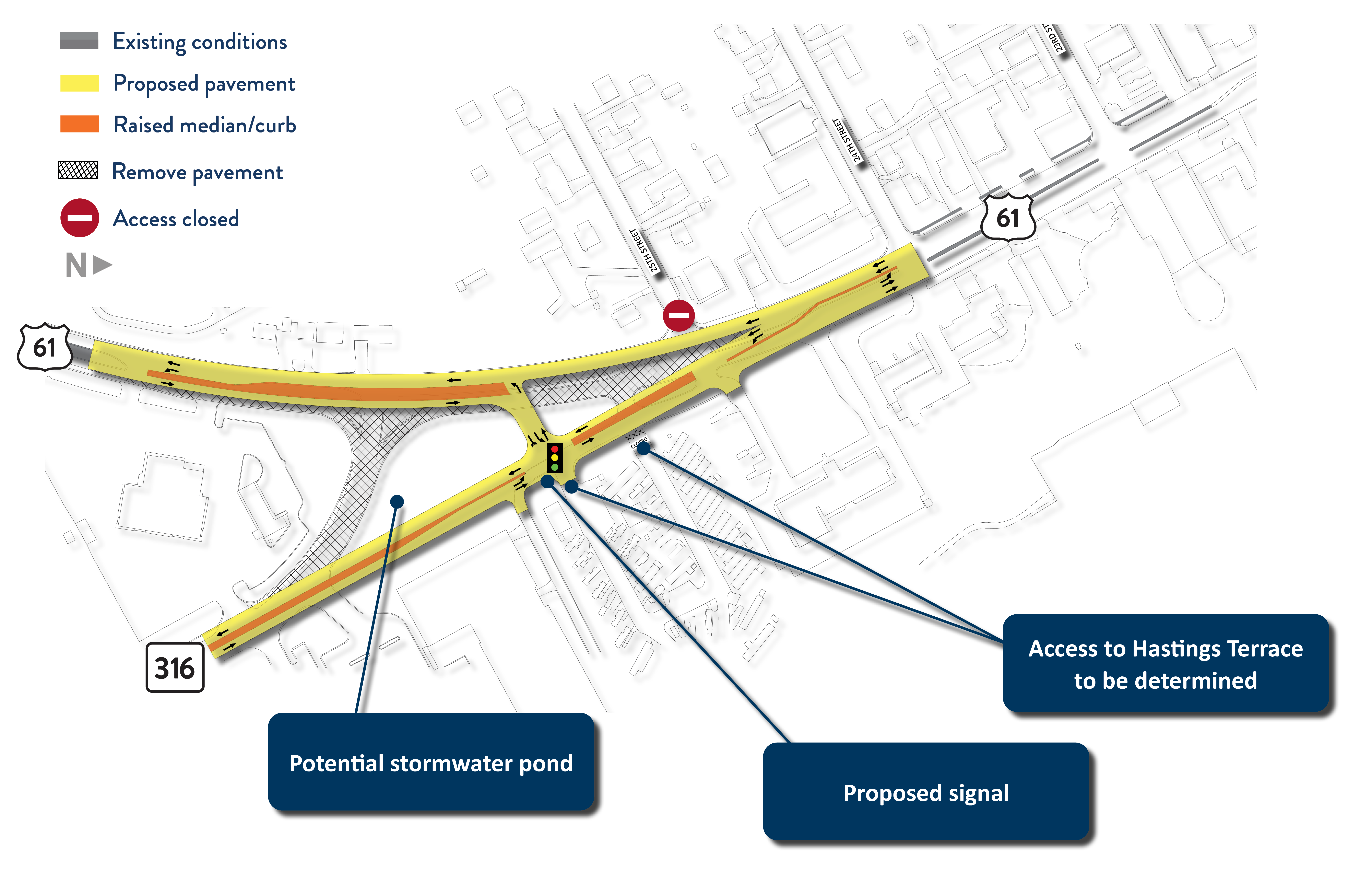 Concept drawing shows a direct connection from Hwy 316 to Hwy 61 along a new roadway along with a new signal near Hastings Terrace.  