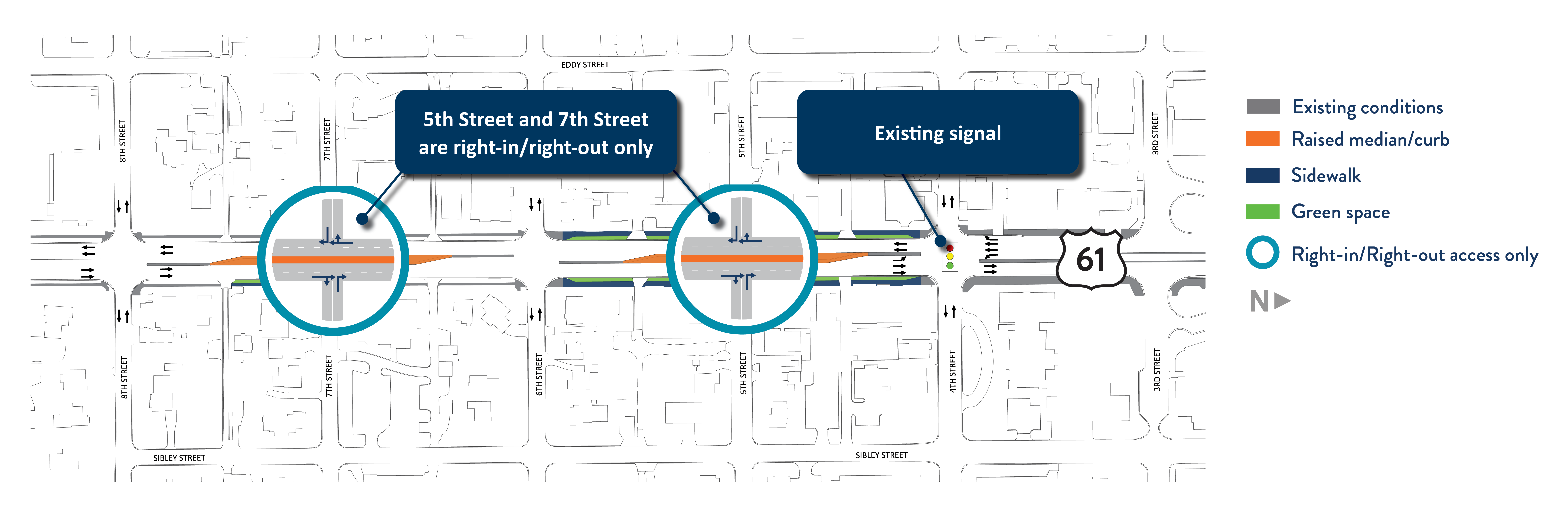 Concept drawing with center median added through the Fifth and Seventh Street intersections.