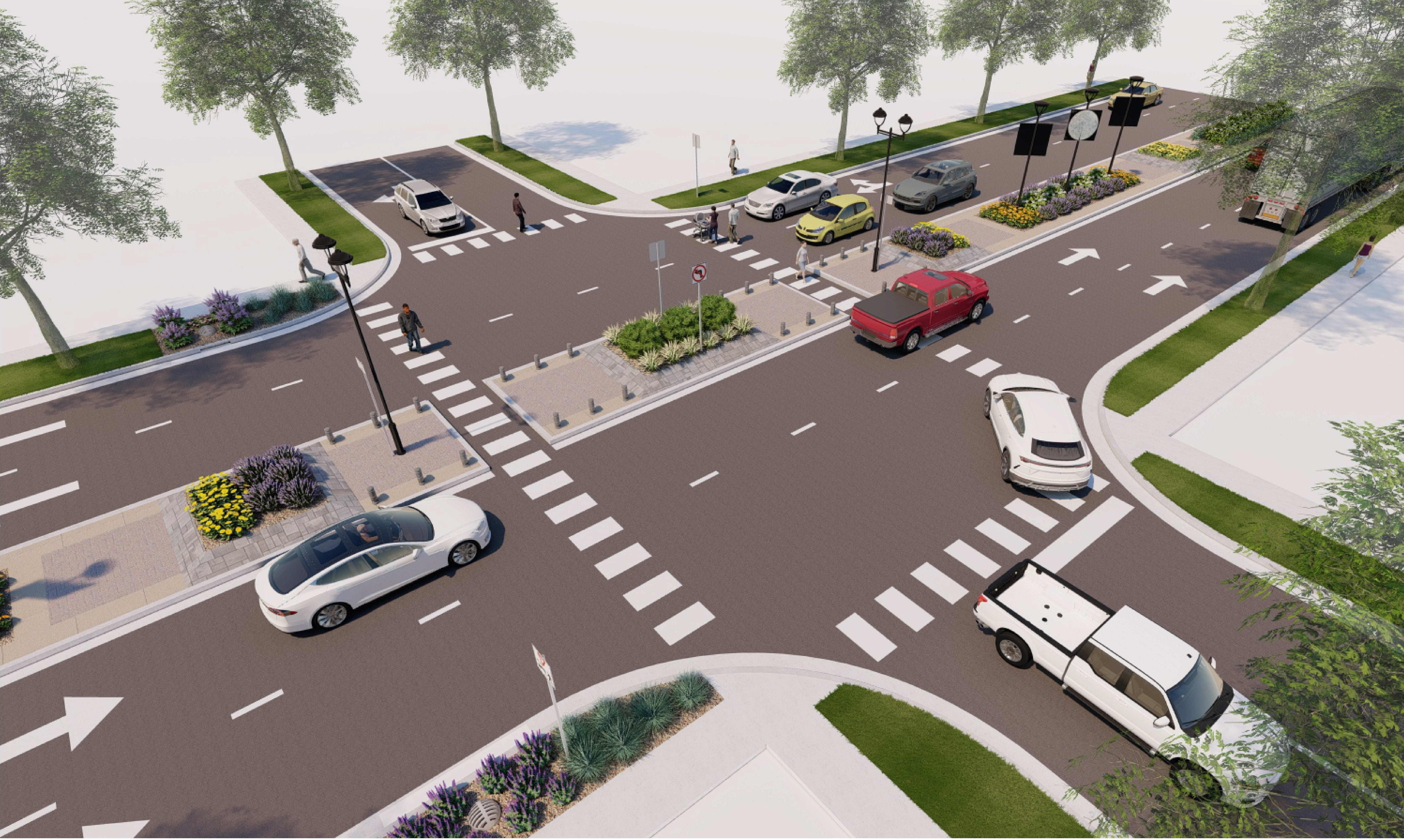 Rendering with median planter boxes with two lanes in each direction.