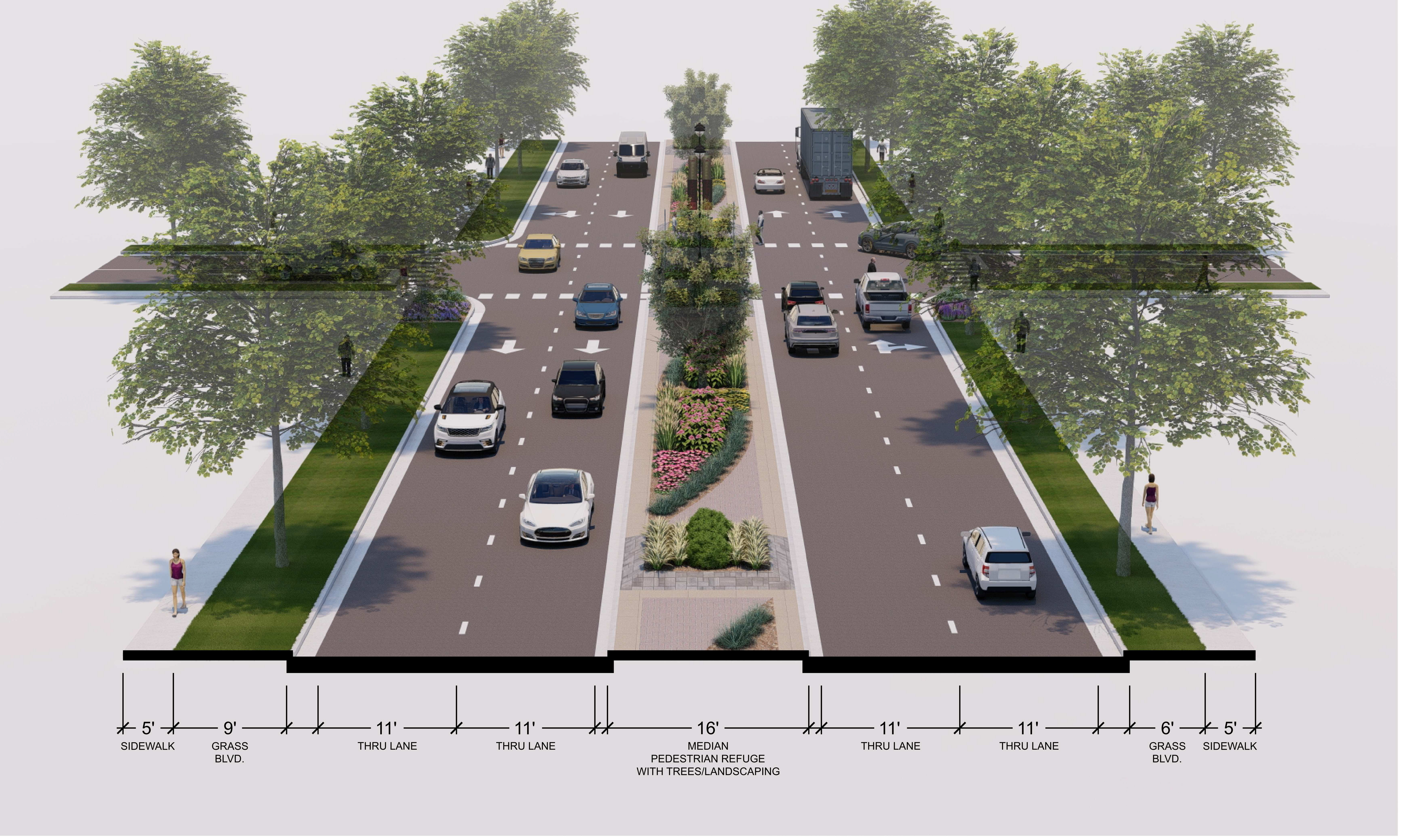 Rendering at intersection with median showing improved pedestrian crossing.