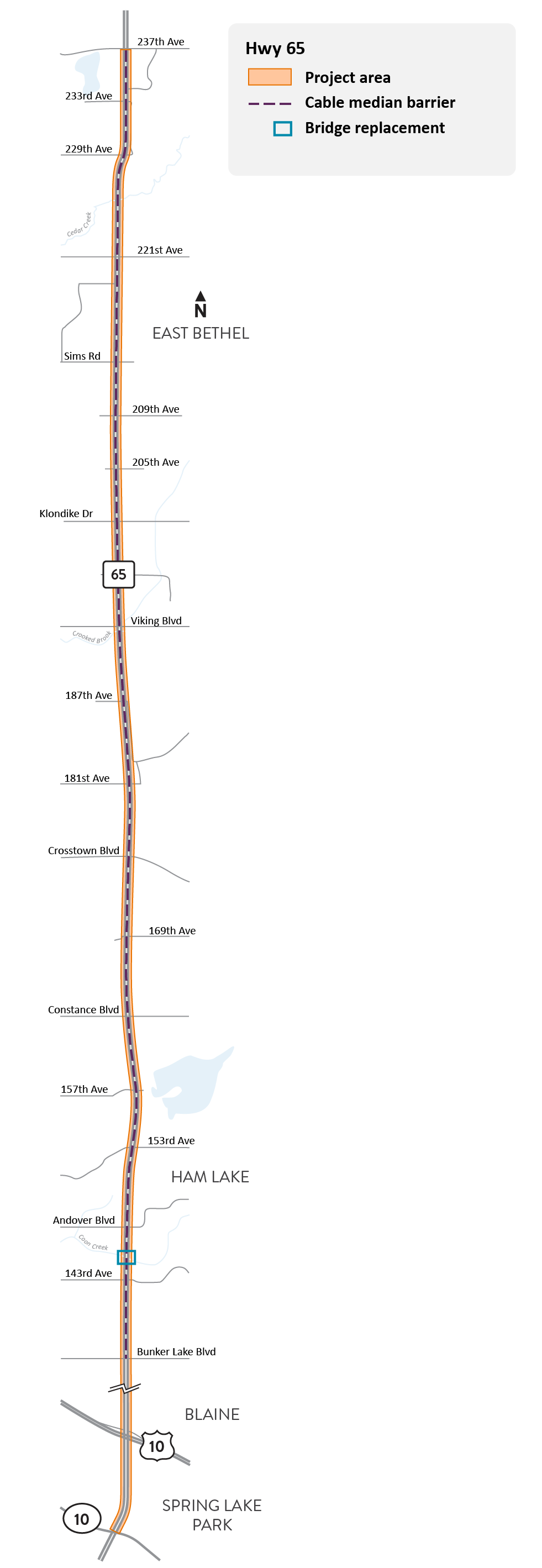 Hwy 65 between County Road 10 in Spring Lake Park and 237th Avenue in East Bethel project location map