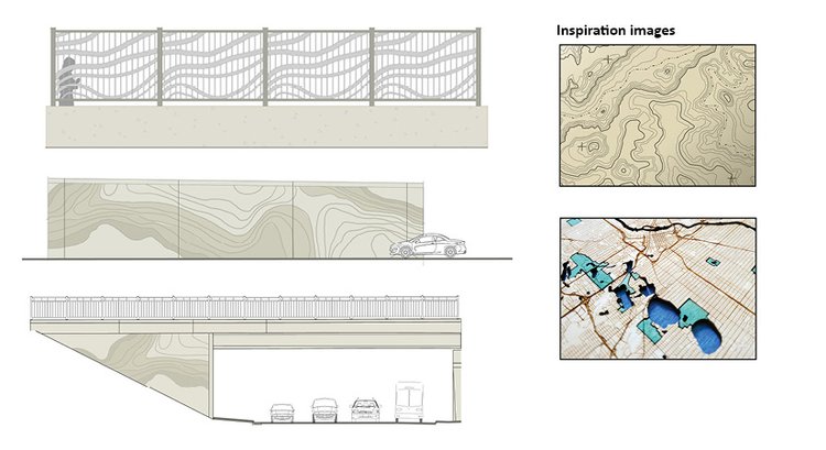 The lake beds design is inspired by bathymetric maps, which show depth of lakes. The Lake Beds concept is being shown applied on a bridge railing, noise wall, and bridge abutment.