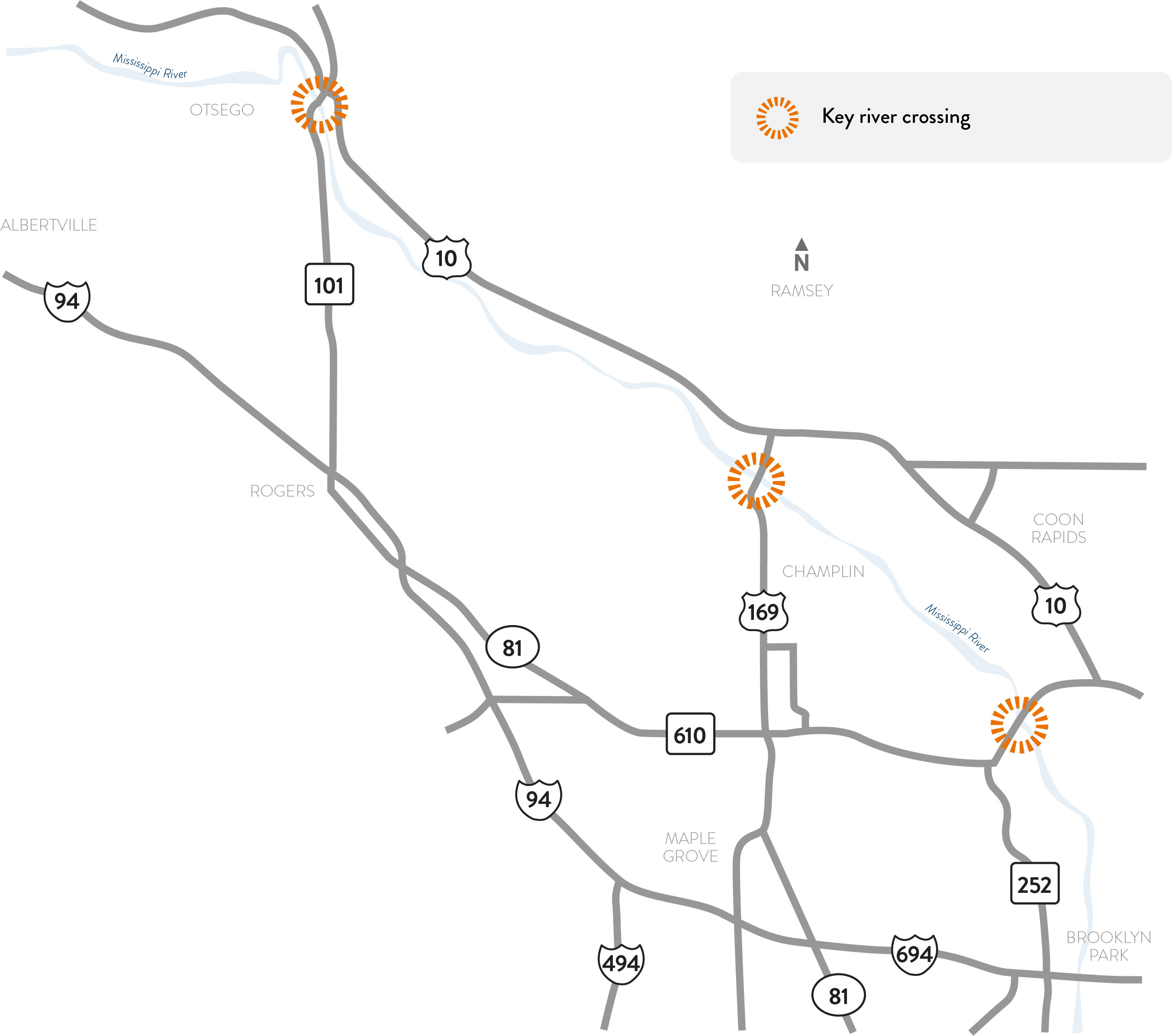 Mississippi River crossing in the northwest metro between Brooklyn Park and Elk River study location map