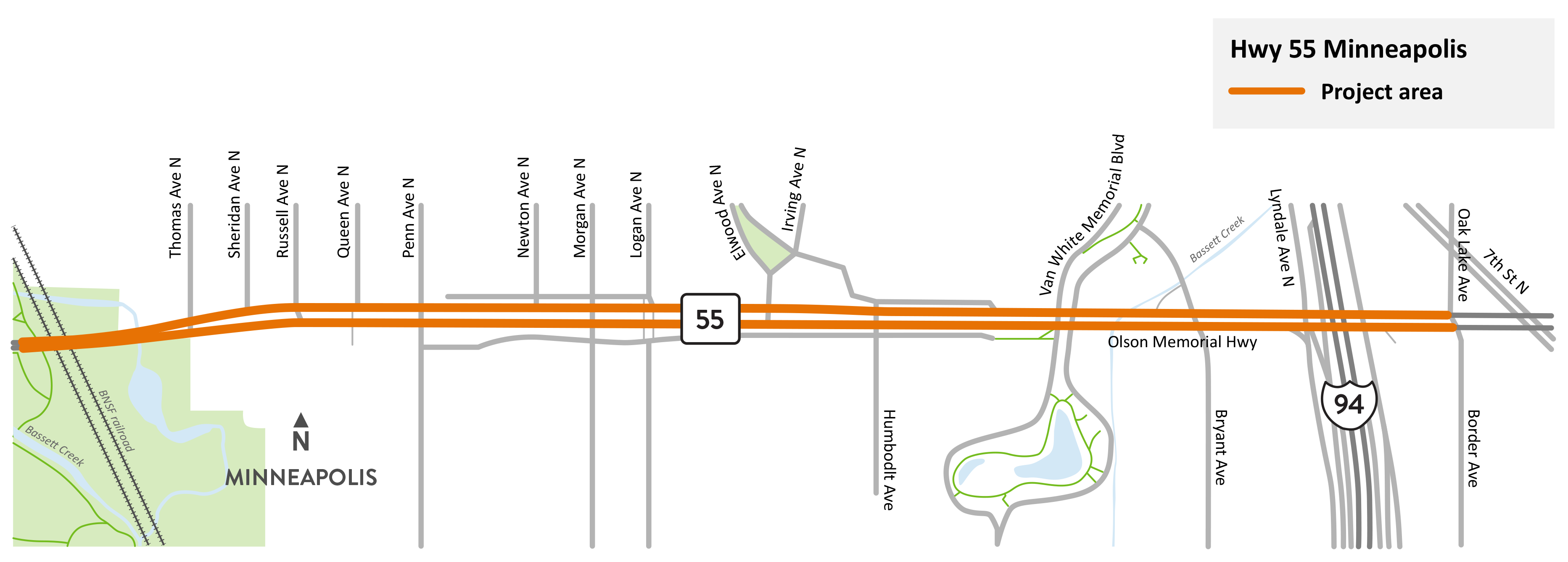 Highway 55/Olson Memorial Highway between Border Avenue/Oak Lane Avenue and the bridge west of Thomas Avenue in Minneapolis project area map