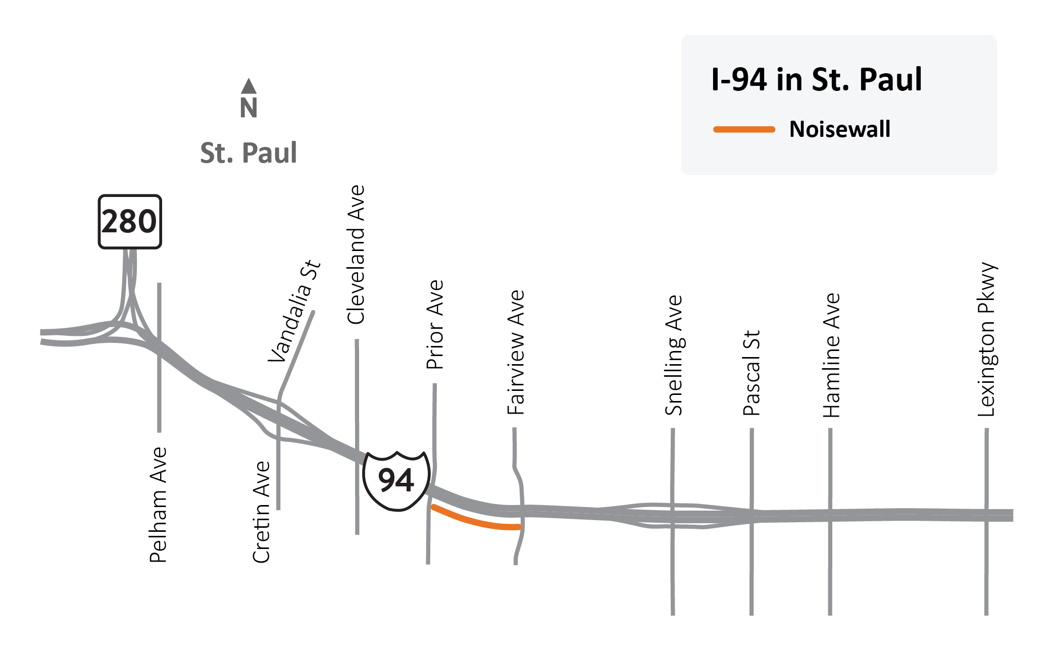 Eastbound I-94 standalone noise wall in St. Paul project area map