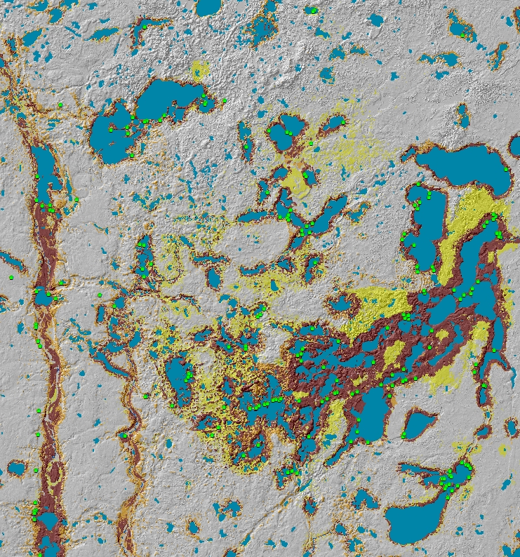 Map of Phase 4 Survey Implementation Model showing correspondence of sites to high probability areas.