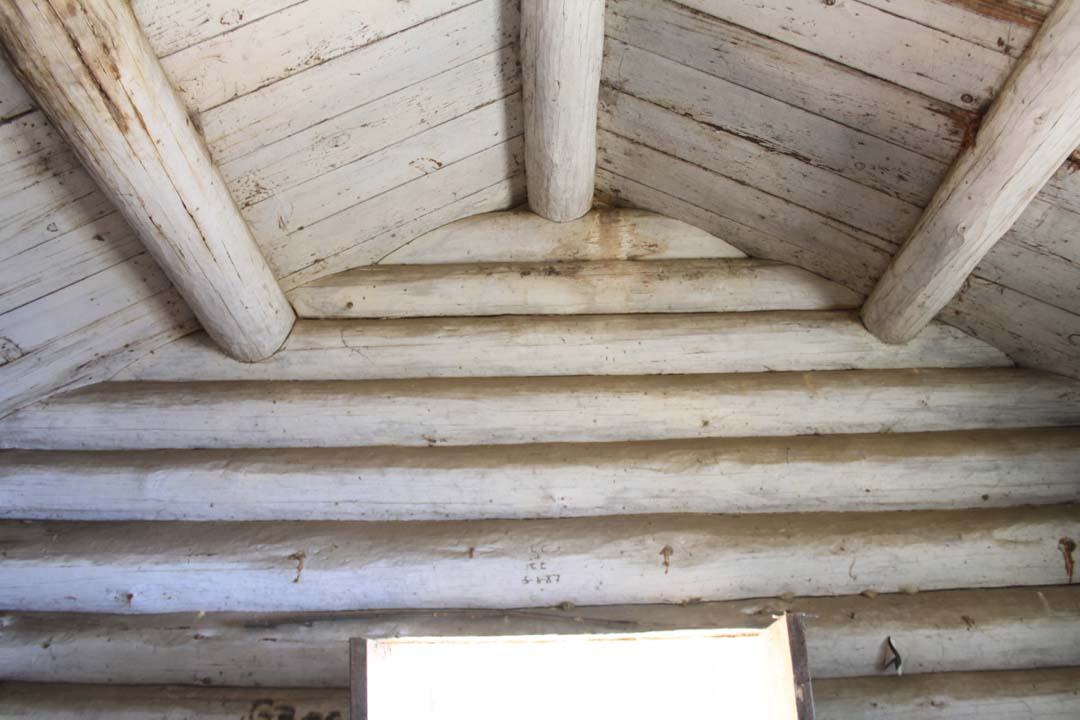 interior of log structure showing top of gabled wall and round log beams supporting the roof. All wood is whitewashed with dirt on top surfaces