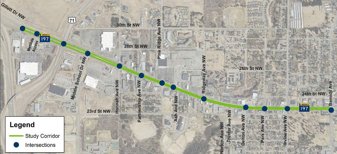 Project study area Hwy 197 between Bemidji Avenue and Gillette Drive