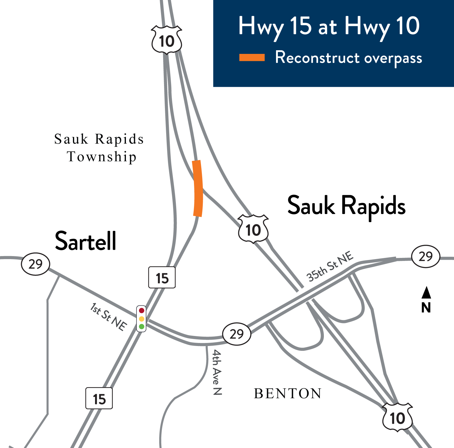Hwy 15 at Hwy 10 Sauk Rapids/Sartell Project location map - northbound Hwy 15 bridge over eastbound Hwy 10 in Sauk Rapids