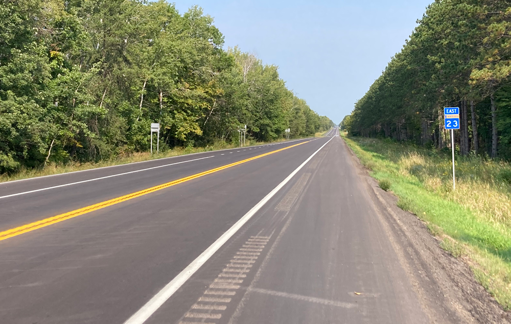 Photo of Hwy 23 resurfaced Photo of Hwy 23 newly resurfaced, pavement markings, mumble strips, signs.