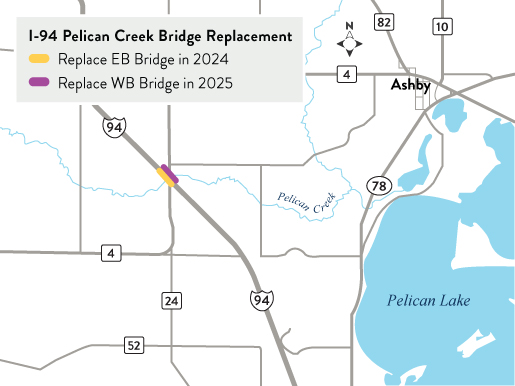 Map showing bridge replacement over the Pelican Creek, eastbound replacement in 2024, westbound replacement in 2025