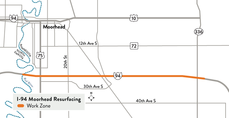 Work zone for the resurfacing I-94 in Moorhead, from the state line to just east of Highway 336