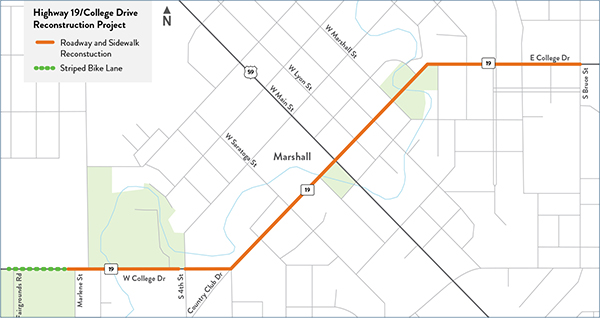 Hwy 19 reconstruction project map map of Hwy 19/College Dr. project showing work zone areas