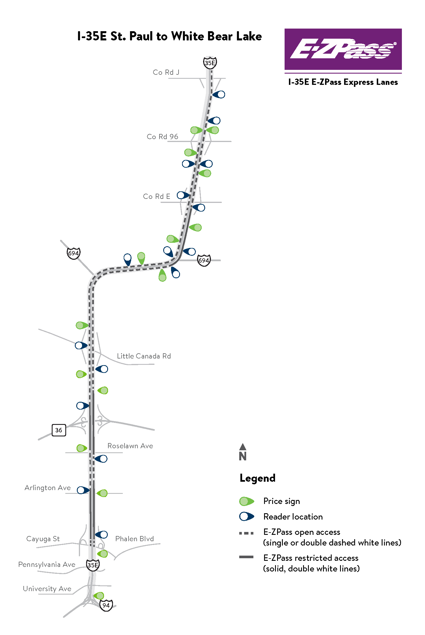 I-35E E-ZPass express lane map from St. Paul to White Bear Lake
