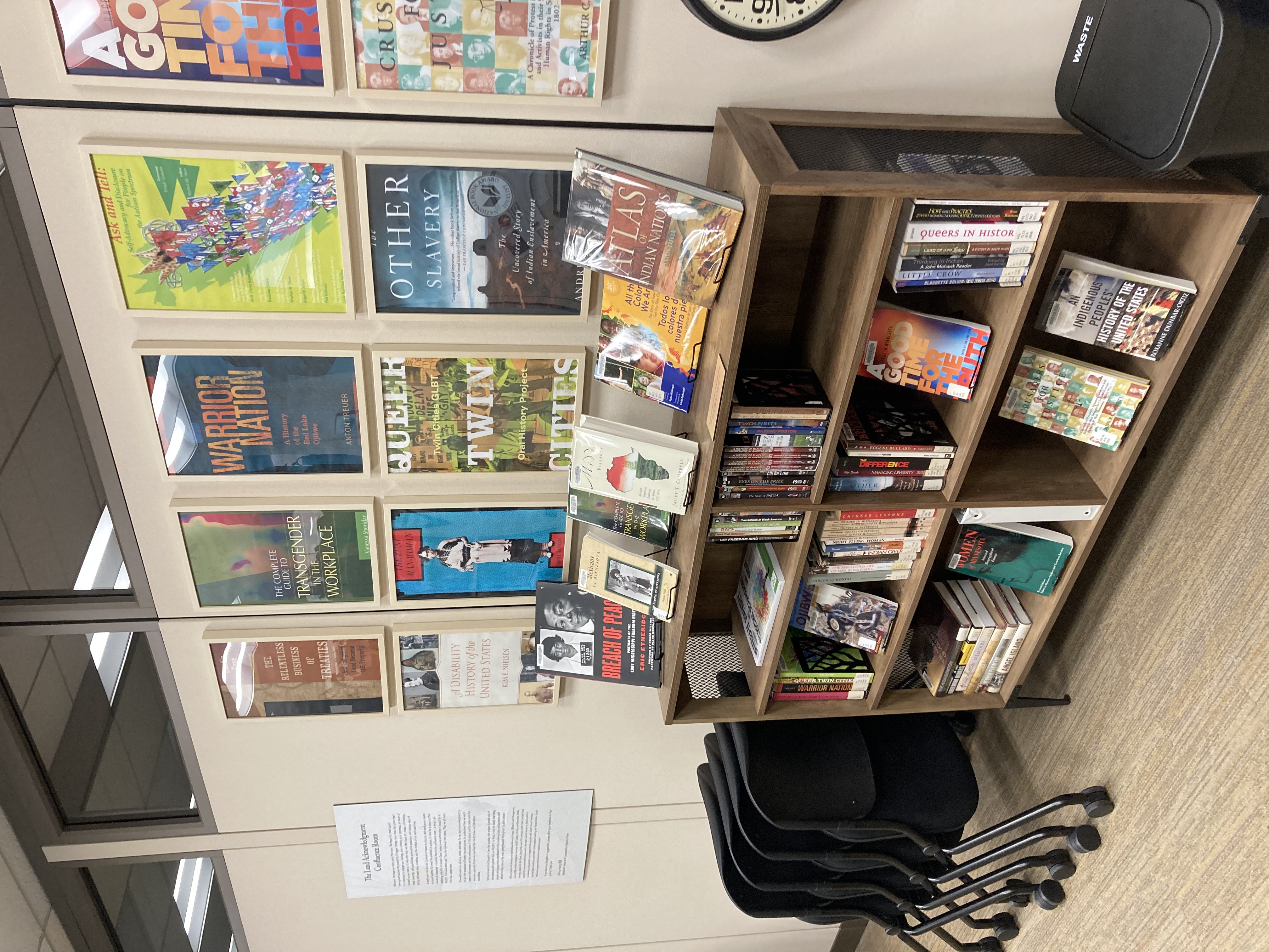 Diversity, Equity, and Inclusion book collection available in the Land Acknowledgement room.