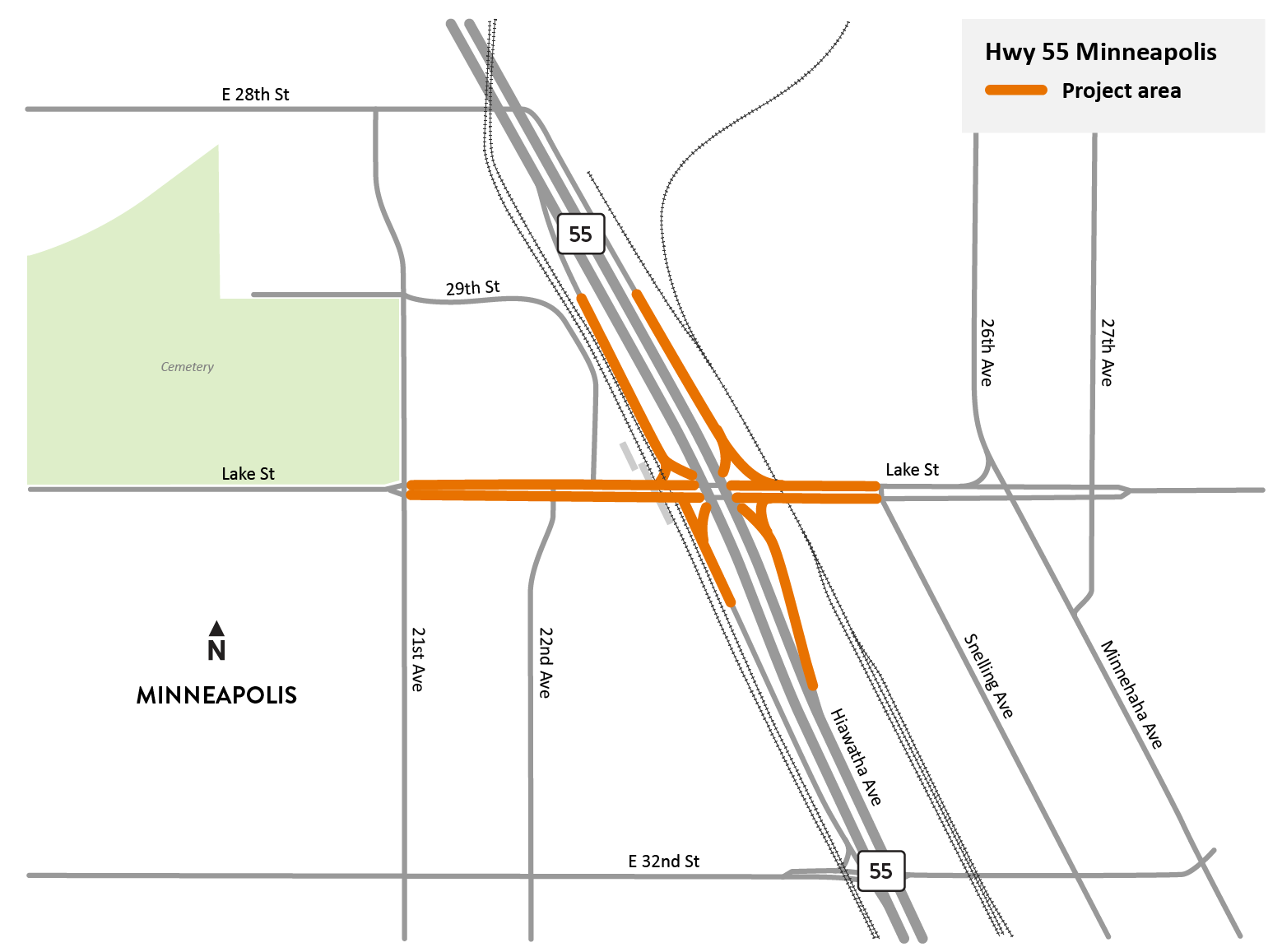 Hiawatha Avenue and Lake Street between 21st Avenue South and Minnehaha Avenue in Minneapolis project location map