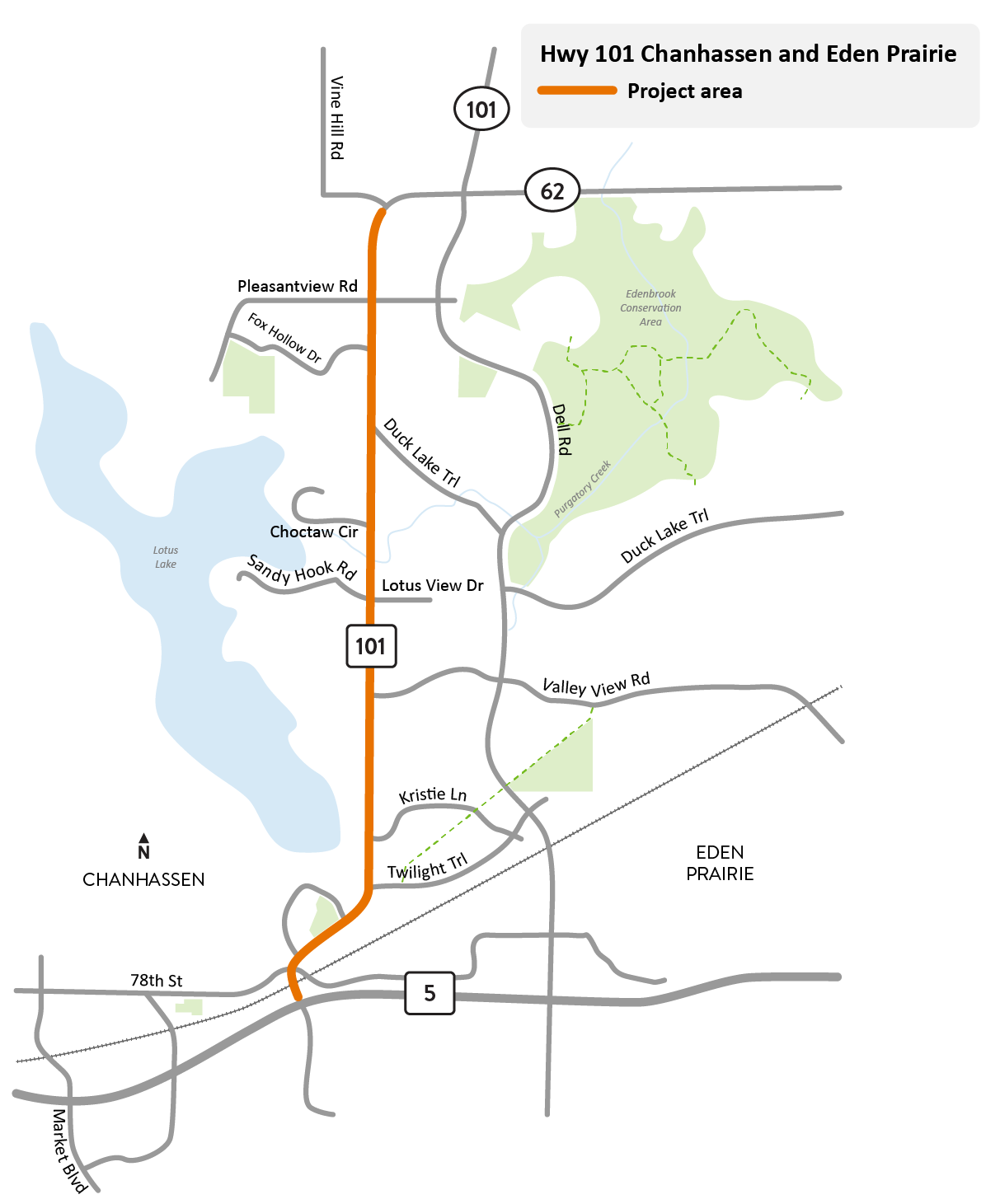 Hwy 101 between Hwy 5 in Chanhassen and County Road 62/Townline Road in Eden Prairie project location map
