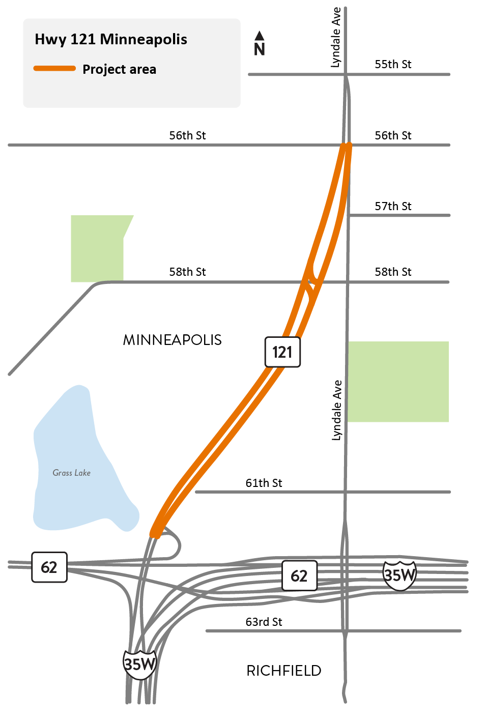 Highway 121 and Lyndale Avenue/County Road 22 from Highway 62 to 56th Street in Minneapolis project location map