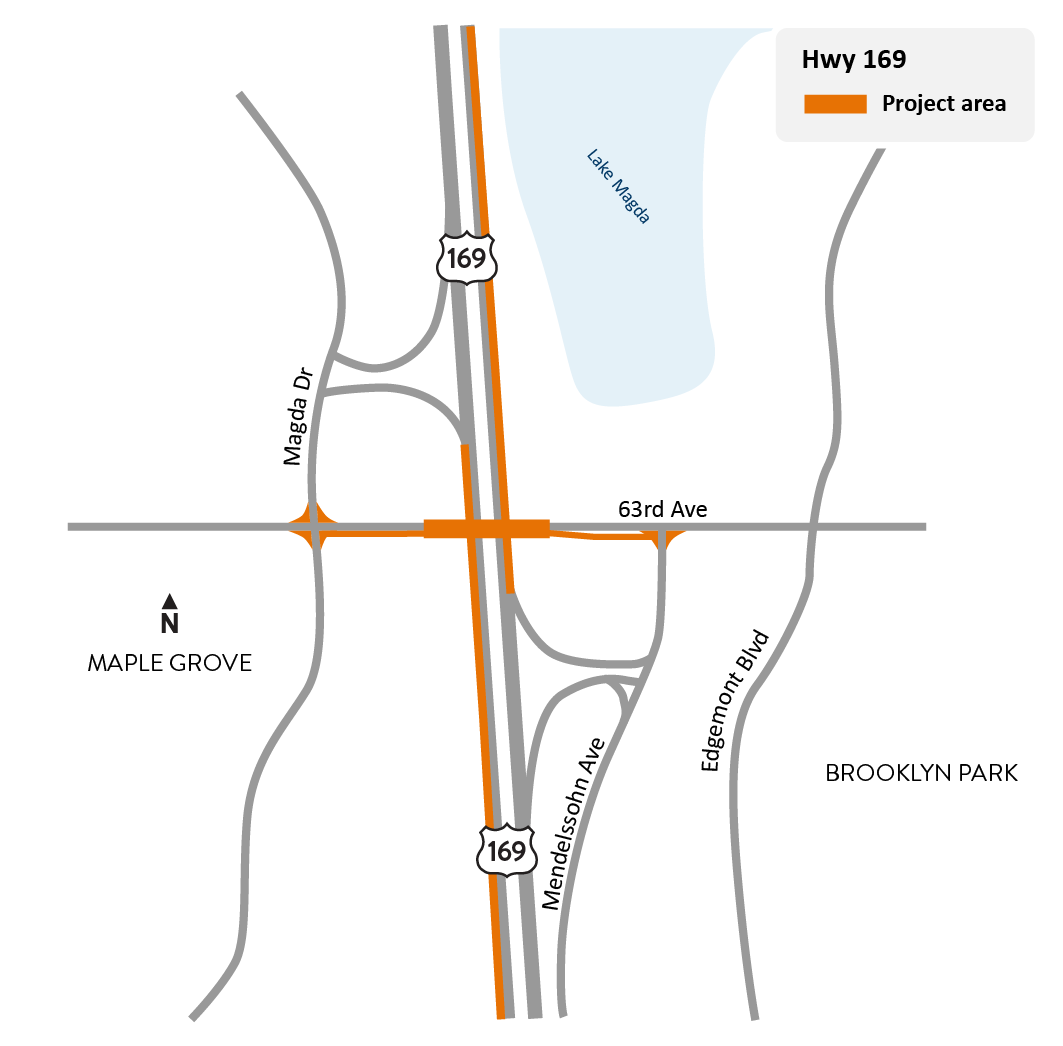 Hwy 169 at 63rd Avenue and 63rd Avenue bridge in Brooklyn Park and Maple Grove project location map