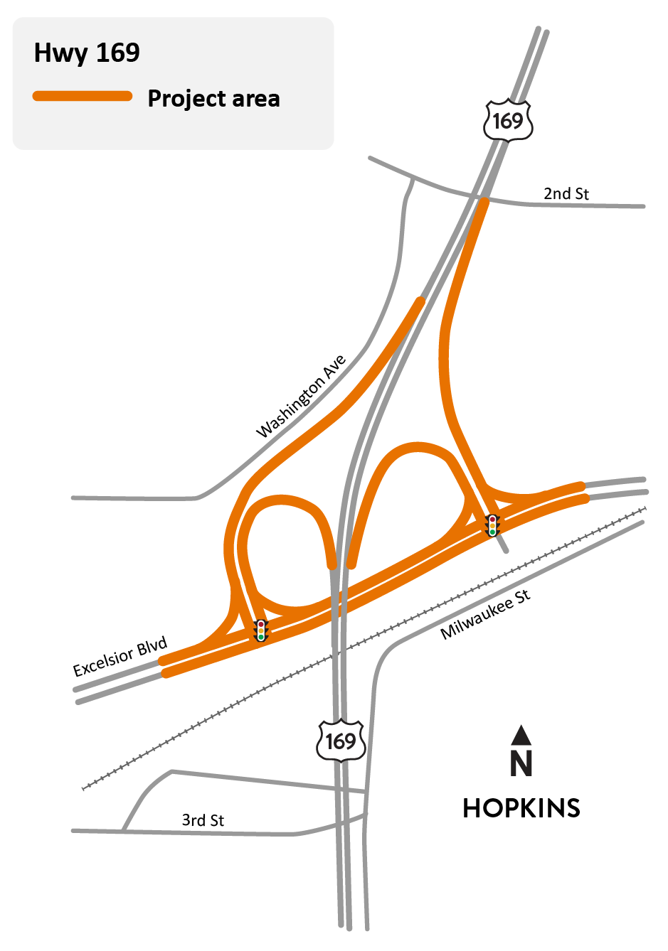 Highway 169 and County Road 3/Excelsior Boulevard in Hopkins project location map